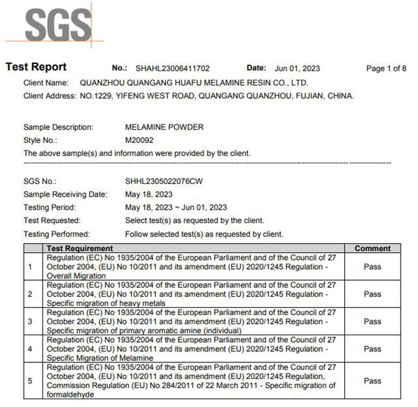 huafu melamine molding compound sgs certificate